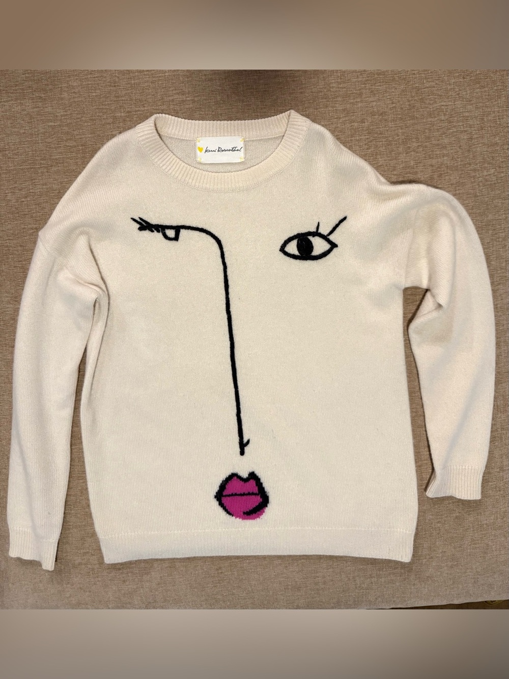 Kerri Rosenthal Cream Wink Face Cashmere Sweater with Pink Lips- Size Small
